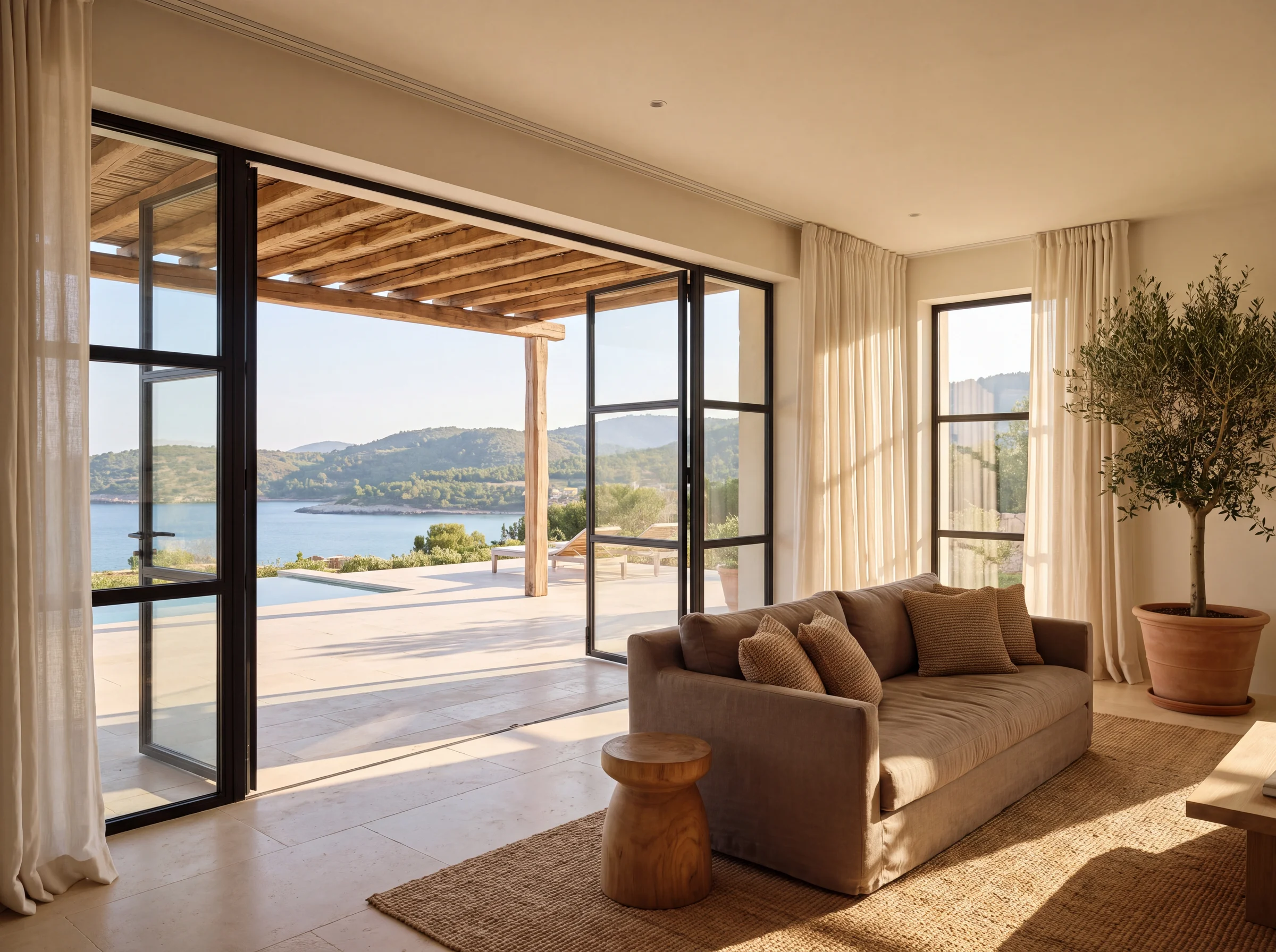 Living room with sliding glass doors opening onto a stone terrace with olive trees and a sea view